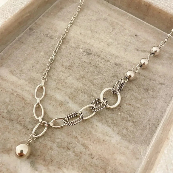 925 Sterling Silver Chain Link Ball Necklace Modern Asymmetric Bead Necklace - Picture 4 of 7